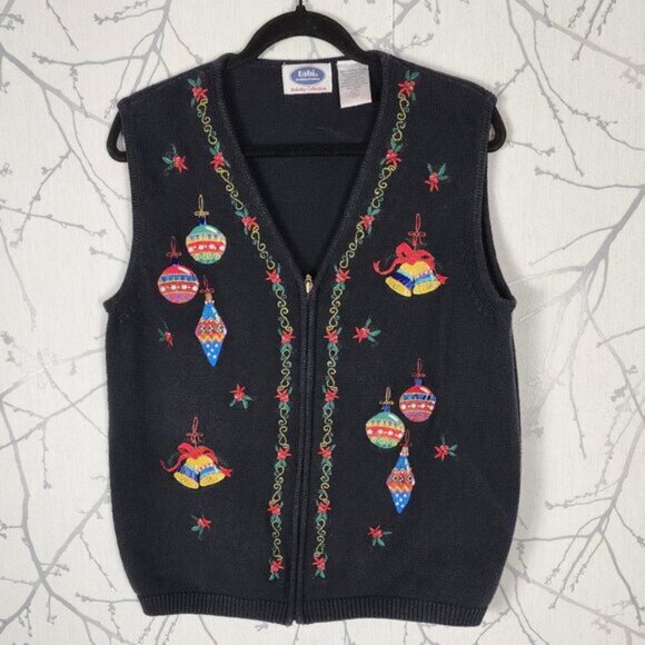 Tabi Cotton Knit Colorful Ornaments Embroidered Full Zip Sweater Vest - Picture 1 of 6